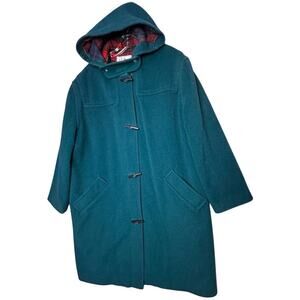 Vtg LL Bean Jacket Womens Sz 12 Wool Hooded Duffle Coat Plaid Lined Toggle Green